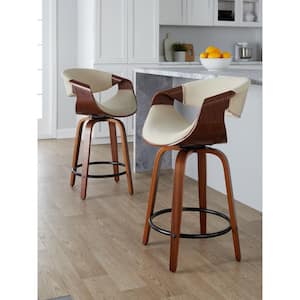 Curvini 24 in. Cream Fabric, Walnut Wood, and Black Metal Fixed-Height Counter Stool (Set of 2)