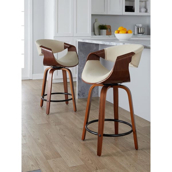 LumiSource Curvini 24 in. Cream Fabric, Walnut Wood, and Black Metal Fixed-Height Counter Stool (Set of 2)