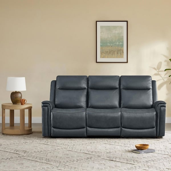 Spruce & Spring Grace 83.5 in. Straight Arm 3-Piece Super Zero Gravity Leather Reclining Sofa in Navy with Dual Motors, Power Headrest