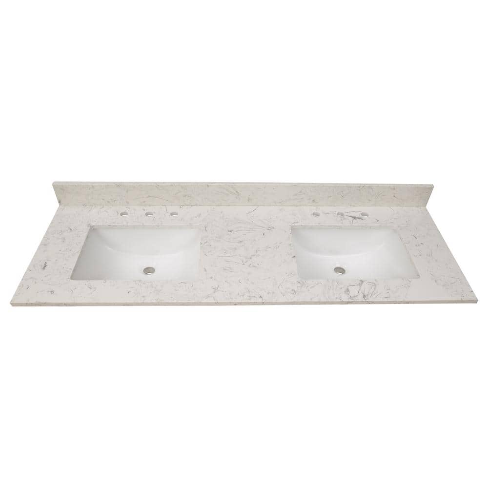61 in. White Marble Bathroom Vanity Top with Double Sinks