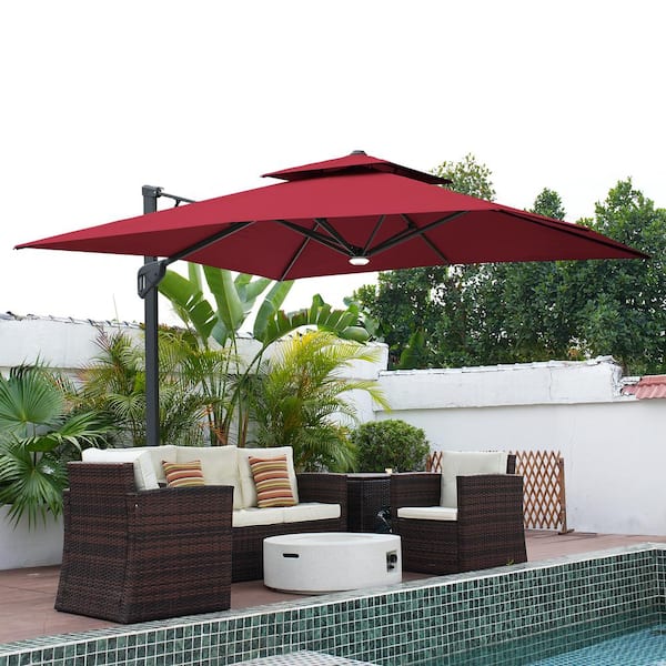 10 ft. Aluminum Cantilever Bluetooth Speaker Atmosphere Lamp Offset Outdoor Patio Umbrella with Base/Stand in Red