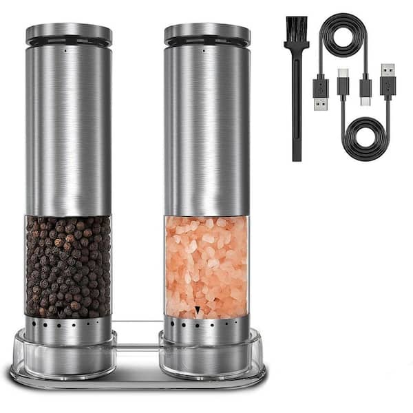 Electric Salt and Pepper Grinder Set Stainless Steel Automatic Mills USB-C Charging Adjustable Coarseness LED Light