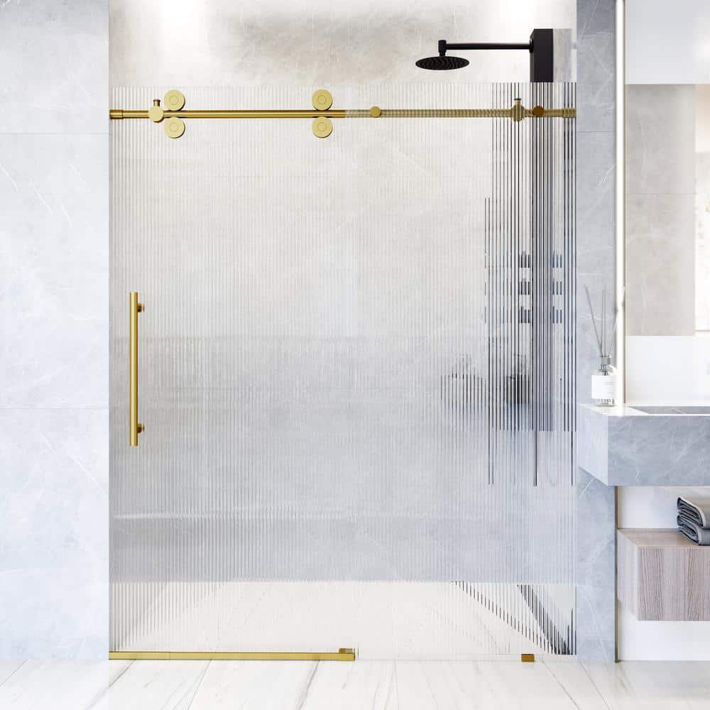 Matte Brushed Gold Frameless Sliding Shower Door with Fluted Glass