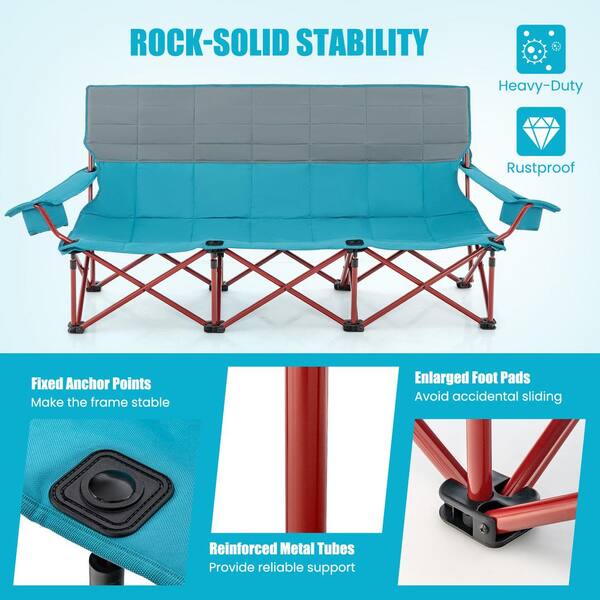 TIMBER RIDGE 3 Person Padded Camping Loveseat – 1050lb Capacity, 6 Mesh Pockets, Cup Holders, Folding Outdoor Couch For Beach & Lawn, Blue