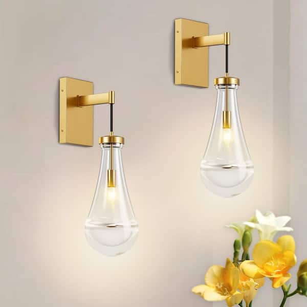 5 in. 1-Light Gold Modern Wall Sconce Hardwired Wall Light with Clear Raindrop-shaped Glass Shade (2-Pack)