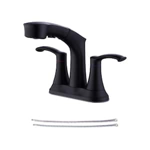 4 in. Centerset Double Middle Arc Bathroom Faucet with Pull Out Sprayer, Supply Line included in Matte Black