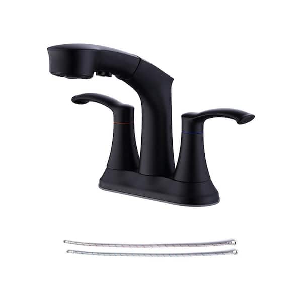 RAINLEX 4 in. Centerset Double Middle Arc Bathroom Faucet with Pull Out Sprayer, Supply Line included in Matte Black