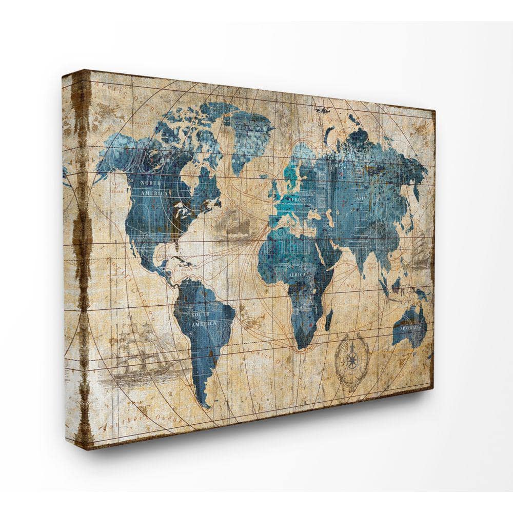 Vintage Blue and Beige Abstract World Map Canvas Art
