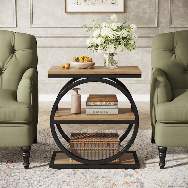 BYBLIGHT Kerlin 23.62 in. Gray Rectangle Wood End Table with 2 Tiers Storage Shelves and Geometric Base