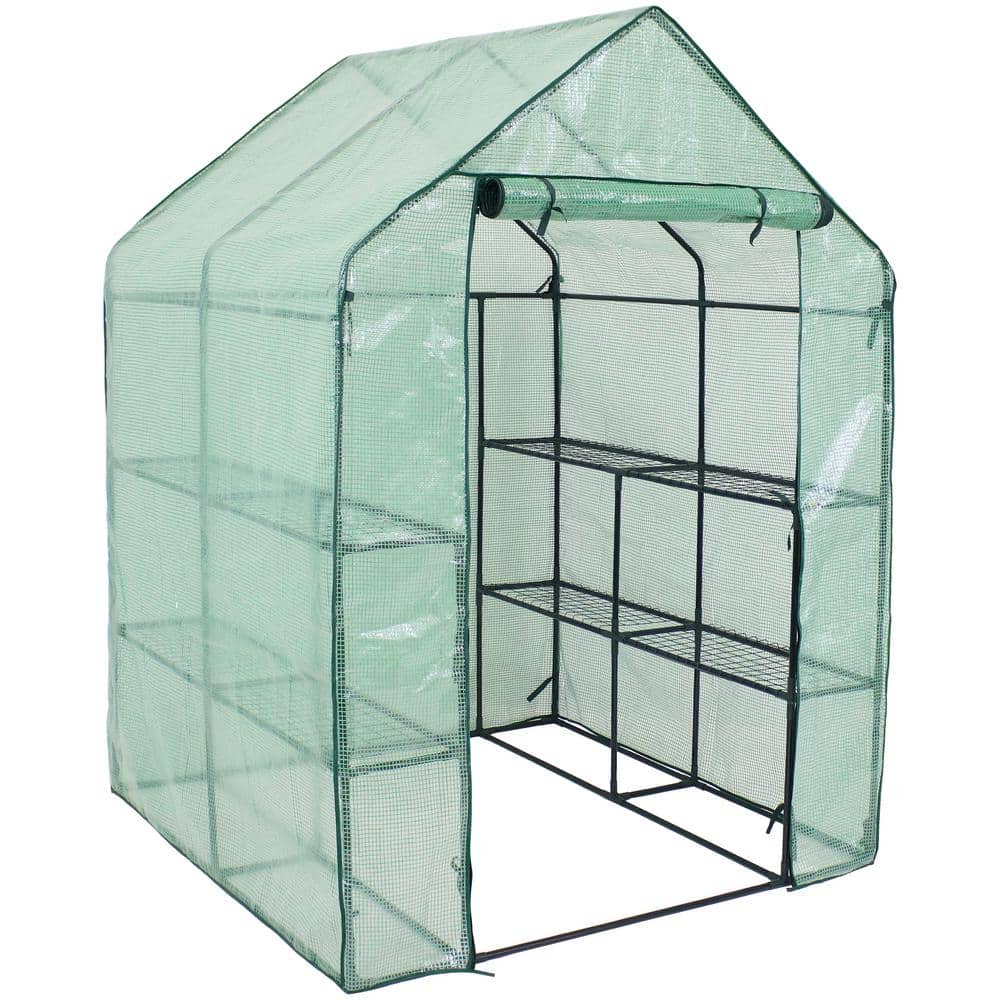 Green 55" x 55" x 77" Portable Walk-In Greenhouse with Shelves