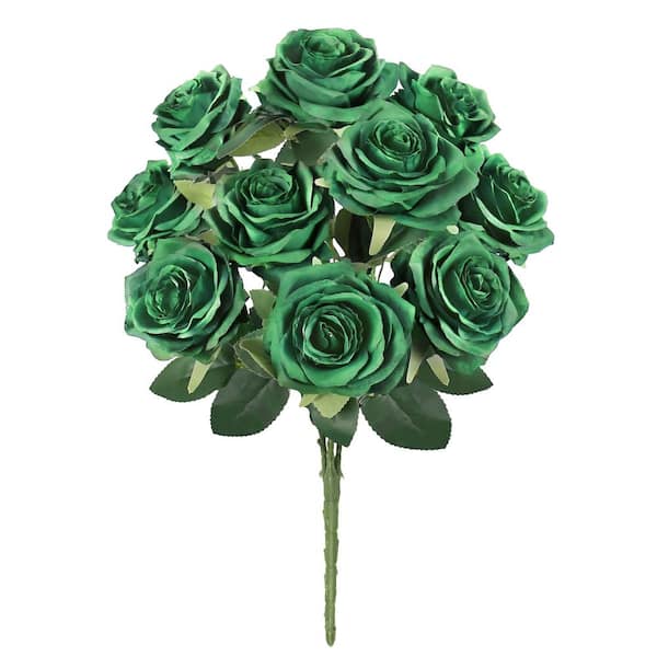 18 in. Deluxe Emerald Green Artificial Queen Rose Flower Stem Bush Bouquet (Set of 2)