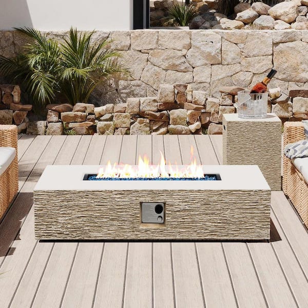 56 in. 50000BTU Outdoor Beige Round Magnesium Oxide Fire Pit Table with Propane Tank Cover
