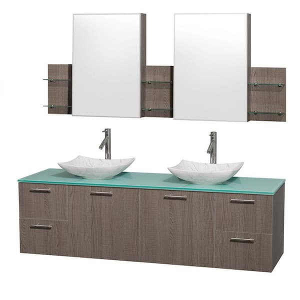 Wyndham Collection Amare 72 in. Double Vanity in Gray Oak with Glass Vanity Top in Green, Marble Sinks and Medicine Cabinet