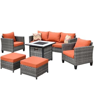 Saturn Gray 6-Piece Wicker Outdoor Patio Fire Pit Seating Sofa Set with Orange Red Cushions