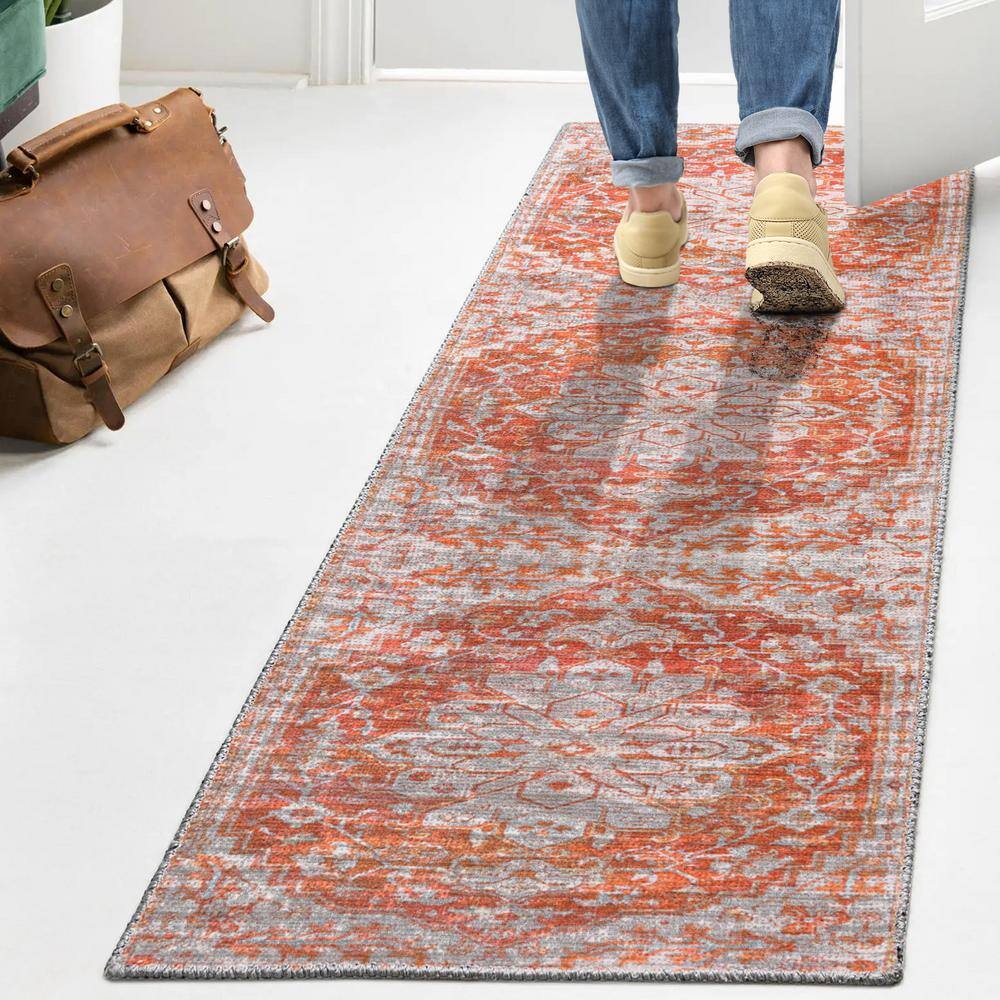 Ornate Medallion Washable Orange and Cream Synthetic Runner Rug