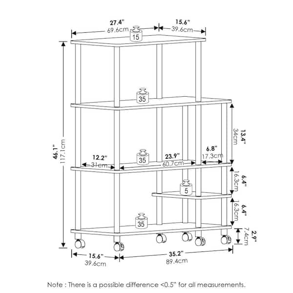 Turn-N-Tube 46 in. Tall French Oak Grey/Black Wood 4-Shelf Etagere Bookcase with Wheels