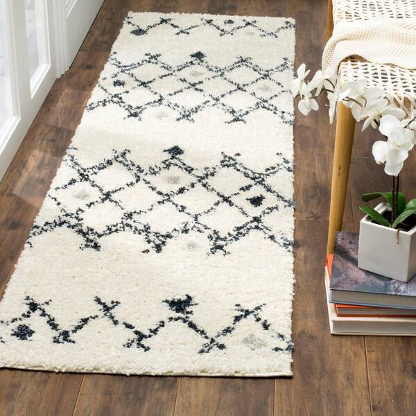 Berber Shag 2 x 10 Ivory/Dark Gray Tribal Runner Rug