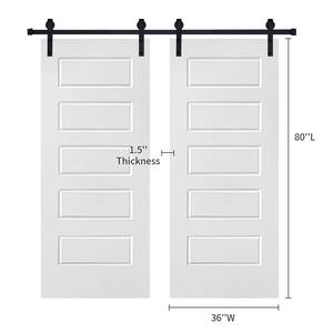 Double Modern 5-Panel 36 in. x 80 in. MDF White Barn Sliding Door With Hardware kit