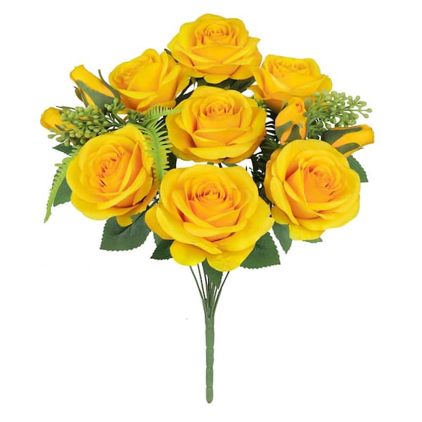 18 in. Yellow Artificial Rose Flower Stem Bush Bouquet (Set of 2)