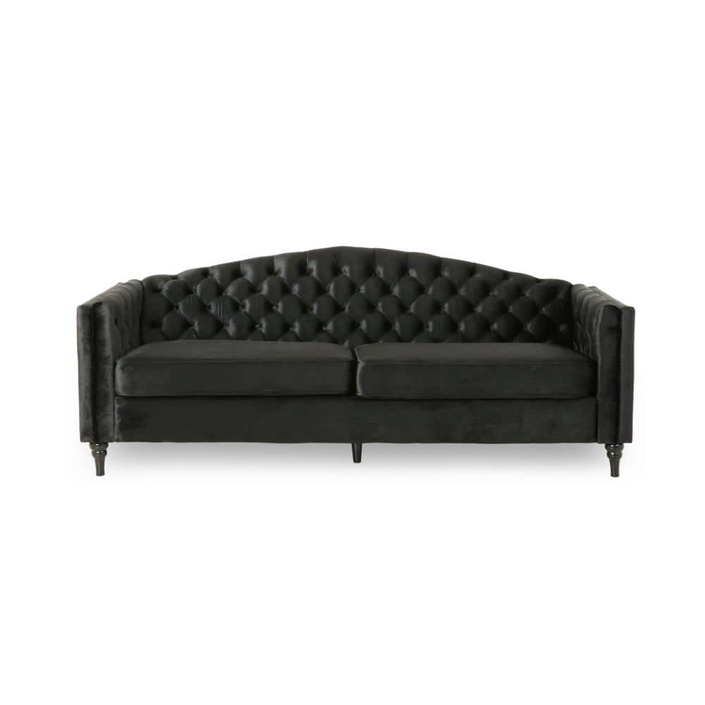 Noble House Antoine 83.5 in. Black Solid Velvet 3-Seat Camelback Sofa ...