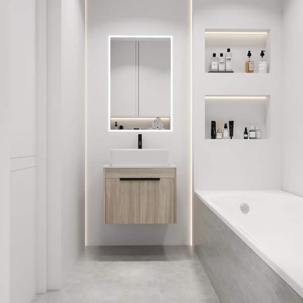 Unbranded 24 in. W x 19 in. D x 24 in. H Single Sink Floating Bath Vanity in White Oak with White Sintered Stone Top