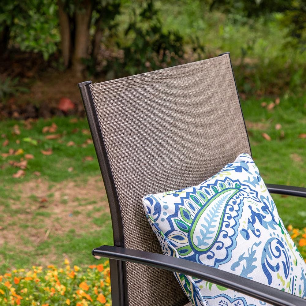 Black Steel Outdoor Dining Armchair with Brown Cushions