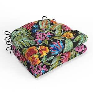 Tropic Floral 16 in W x 4 in H Square Outdoor Tufted Wicker Seat Cushion /w Ties 2-Count in Island Black