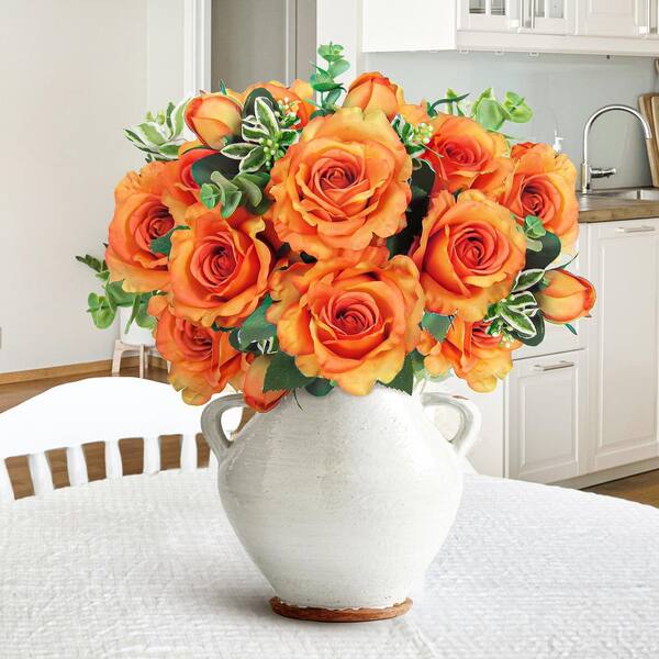 LIVING LUXURY 20 in. Deluxe Orange Artificial Sweet Rose Flower