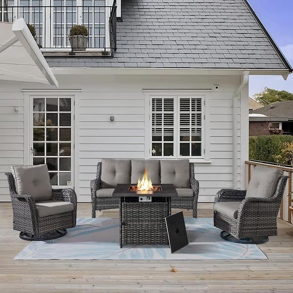 Gymojoy Carolina 4-Piece Wicker Patio Fire Pit Sectional Seating Set with Cushions