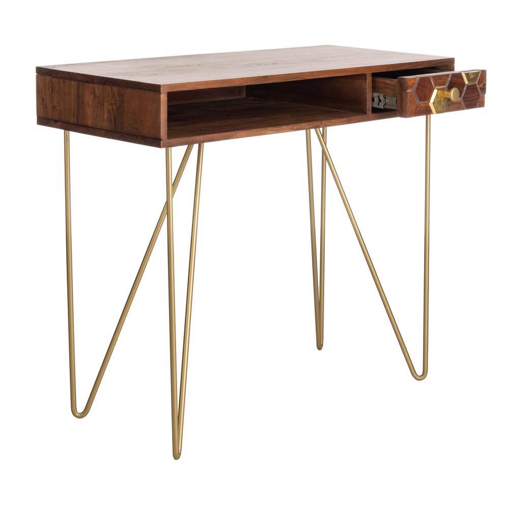 Transitional Honeycomb Carved 35" Walnut Home Office Desk with Drawer