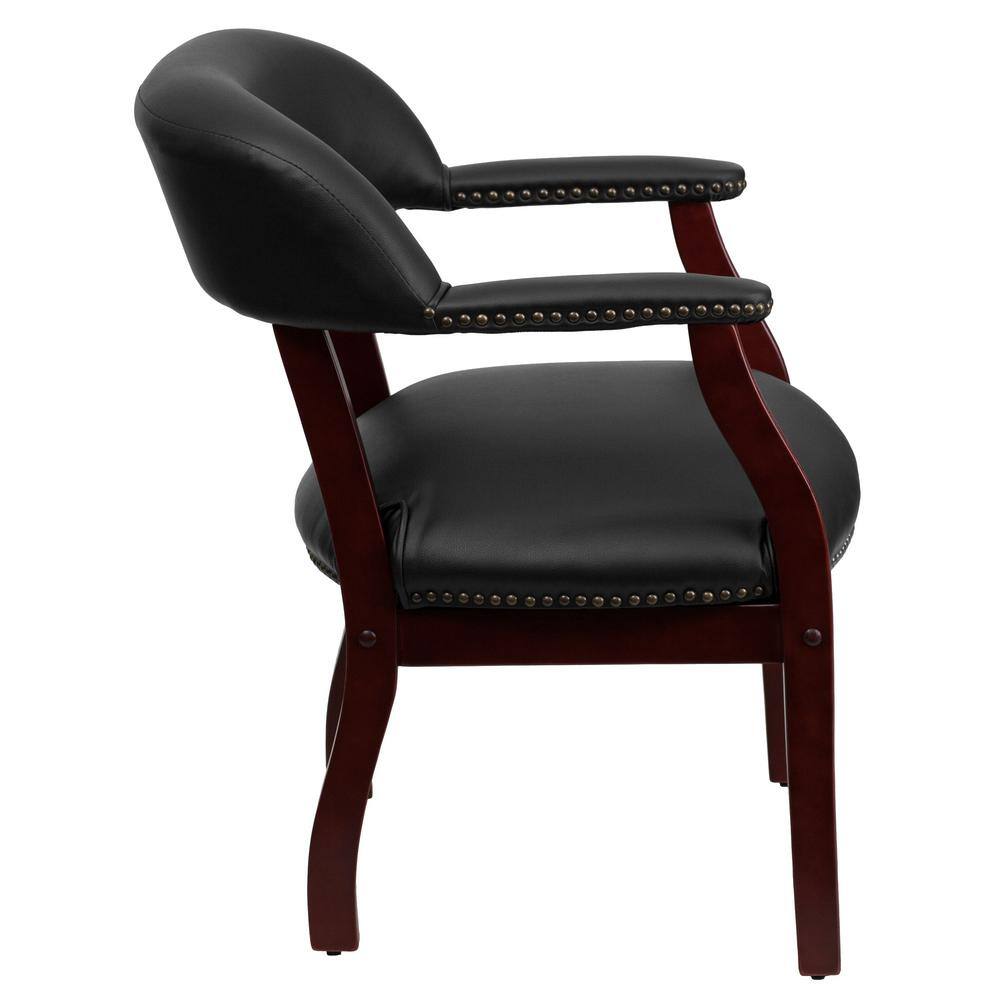 Elegant Black Vinyl and Wood Office Chair with Brass Nail Trim