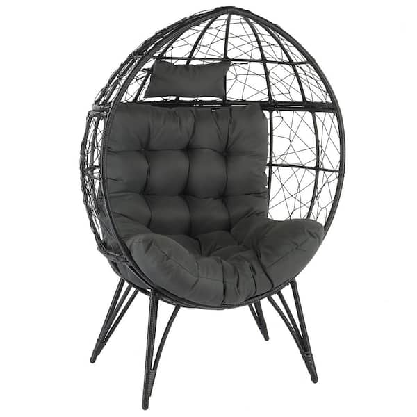 Karl home Wicker Egg Chair Outdoor Lounge Chair Basket Chair with Gray Cushion, 400 lbs. Capacity