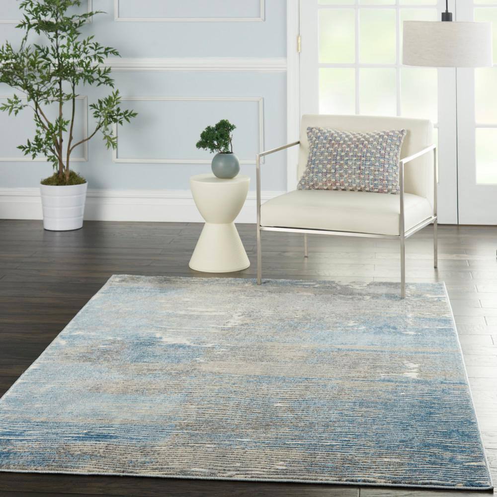 Gray and Blue Abstract Hand-Knotted Synthetic Rug 5' x 7'