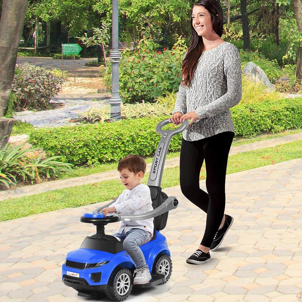Blue 3-in-1 Ride-On Push Car Stroller with Music