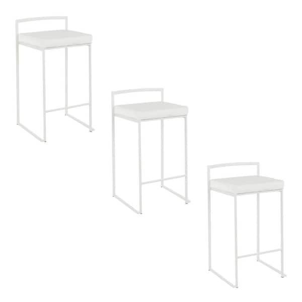 Lumisource Fuji 27.75 in. White Velvet and White Metal Stackable Counter Stool (Set of 3)