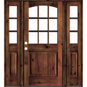 60 in. x 80 in. Knotty Alder Right-Hand/Inswing 9-Lite Clear Glass Red Mahogany Stain Wood Prehung Front Door/Sidelites