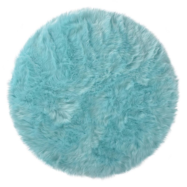 Sheepskin Faux Furry Light Blue Cozy Rugs 6 ft. x 6 ft. Round Area Rug