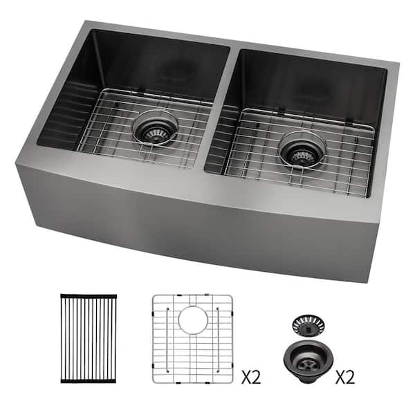 ANGELES HOME 36 in. Farmhouse/Apron Front Double Bowl (50/50) 16-Gauge Gunmetal Black Stainless Steel Kitchen Sink with Drying Rack