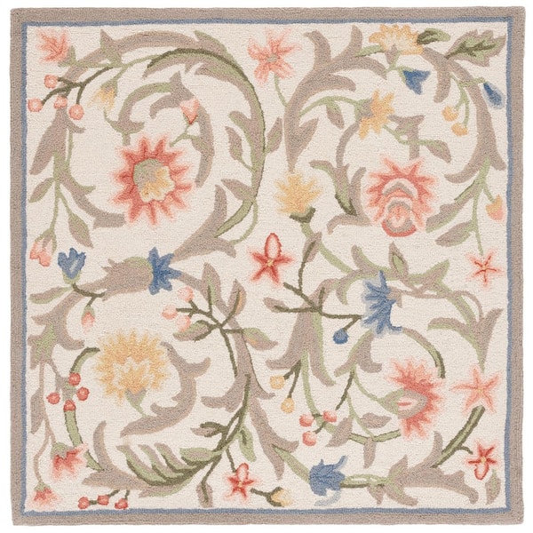 Chelsea 4 ft. x 4 ft. Square Ivory Solid Color Floral Border Area Rug