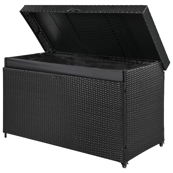 200 Gallon Rattan Wicker Deck Box, with Wheels and Steel Frame, Black Outdoor Storage Deck Box