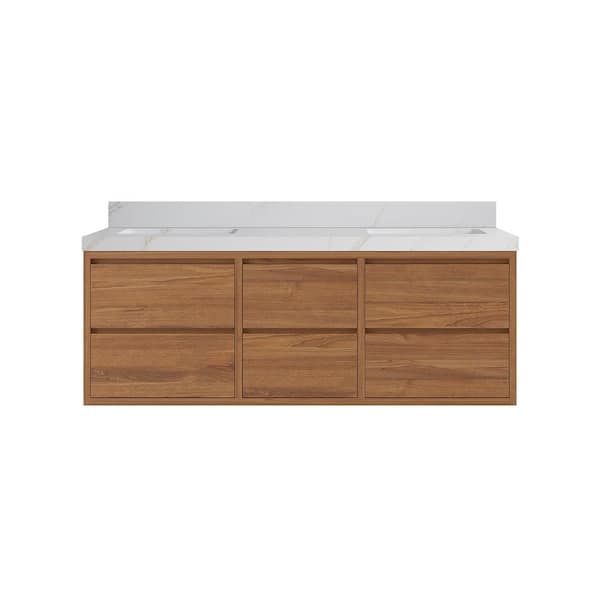 Willow Collections Madison Float 60 in. W x 22 in. D x 36 in. H Double Sink Bath Vanity in Dark Natural with 2 in. Calacatta Sienna
