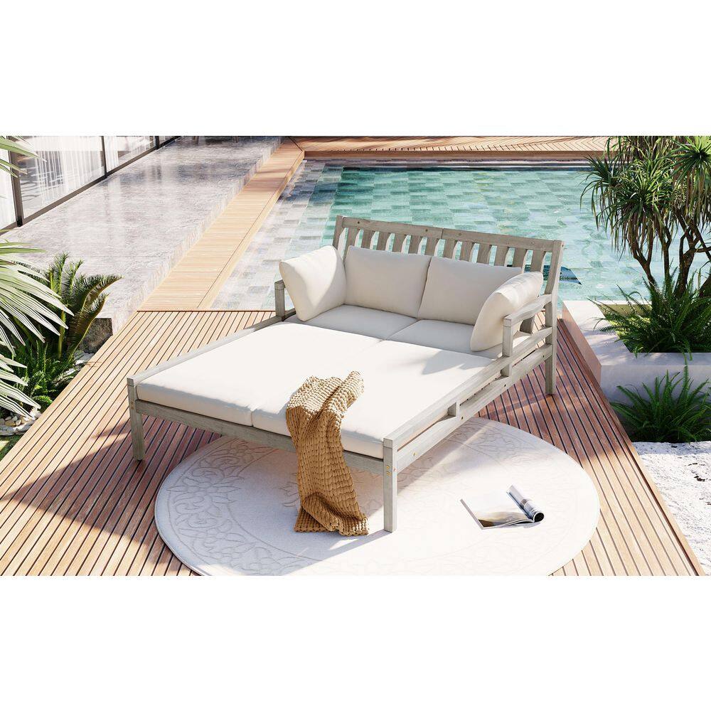TREXM Gray Wood Outdoor Day Bed with Beige Cushions, Curved Armrests