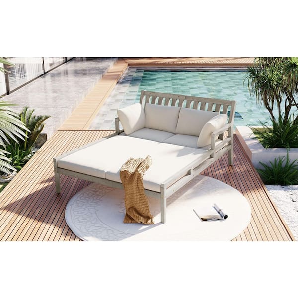 Unbranded TREXM Gray Wood Outdoor Day Bed with Beige Cushions, Curved Armrests