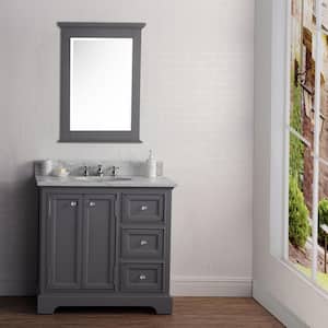 Derby 36 in. W x 34 in. H Bath Vanity in Gray with Marble Vanity Top in Carrara White with White Basin and Mirror