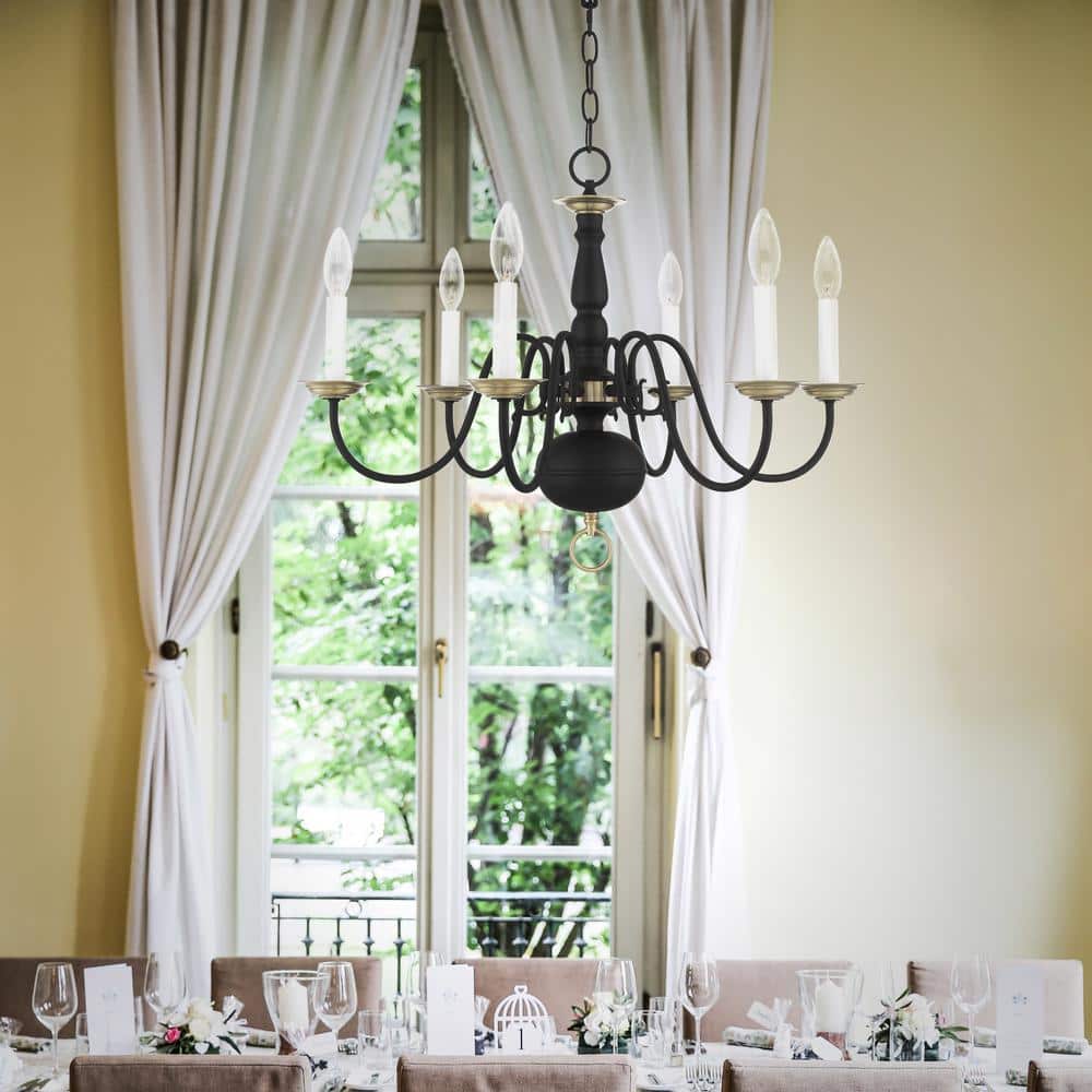 Elegant Colonial Black and Antique Brass 6-Light Crystal Chandelier