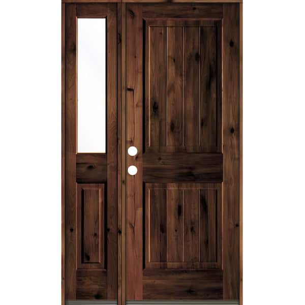 Krosswood Doors 44 in. x 80 in. Rustic Knotty Alder Right-Hand/Inswing Clear Glass Red Mahogany Stain Wood Prehung Front Door w/Sidelite