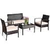 Black 4 Piece Wicker Outdoor Garden Patio Conversation Set with Tan Cushions