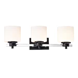 24 in. 3-Light Black and Chrome Finish Vanity Light with Etched White Glass Shades