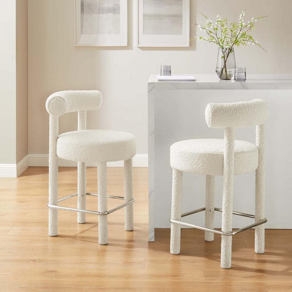 Ivory Boucle Fabric and Metal Counter Stool Set