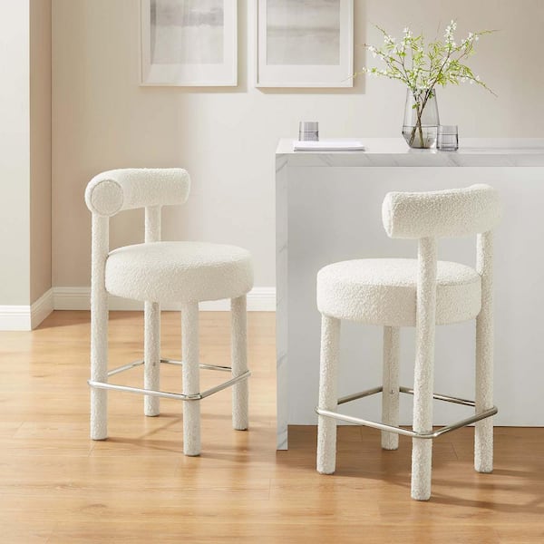 MODWAY Toulouse 26 in. in Ivory Silver Wood Boucle Fabric Counter Stool - Set of 2